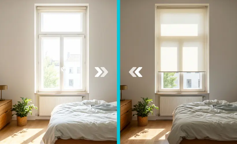 Comparison of a bedroom window without a covering and with a lowered beige roller blind.