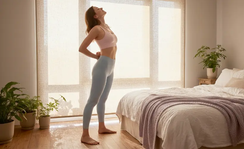 A woman stretching in a bedroom beside a window covered with a beige roller blind.