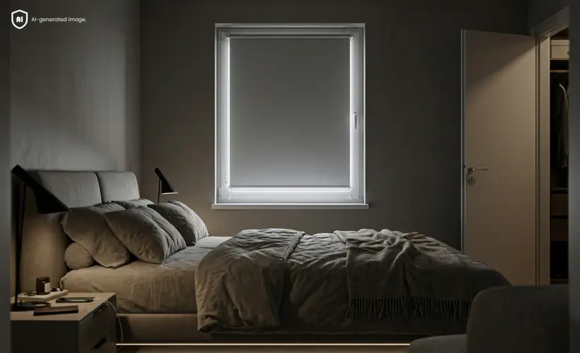 Dunkles Schlafzimmer am Morgen mit grauem Verdunkelungsrollo am Fenster