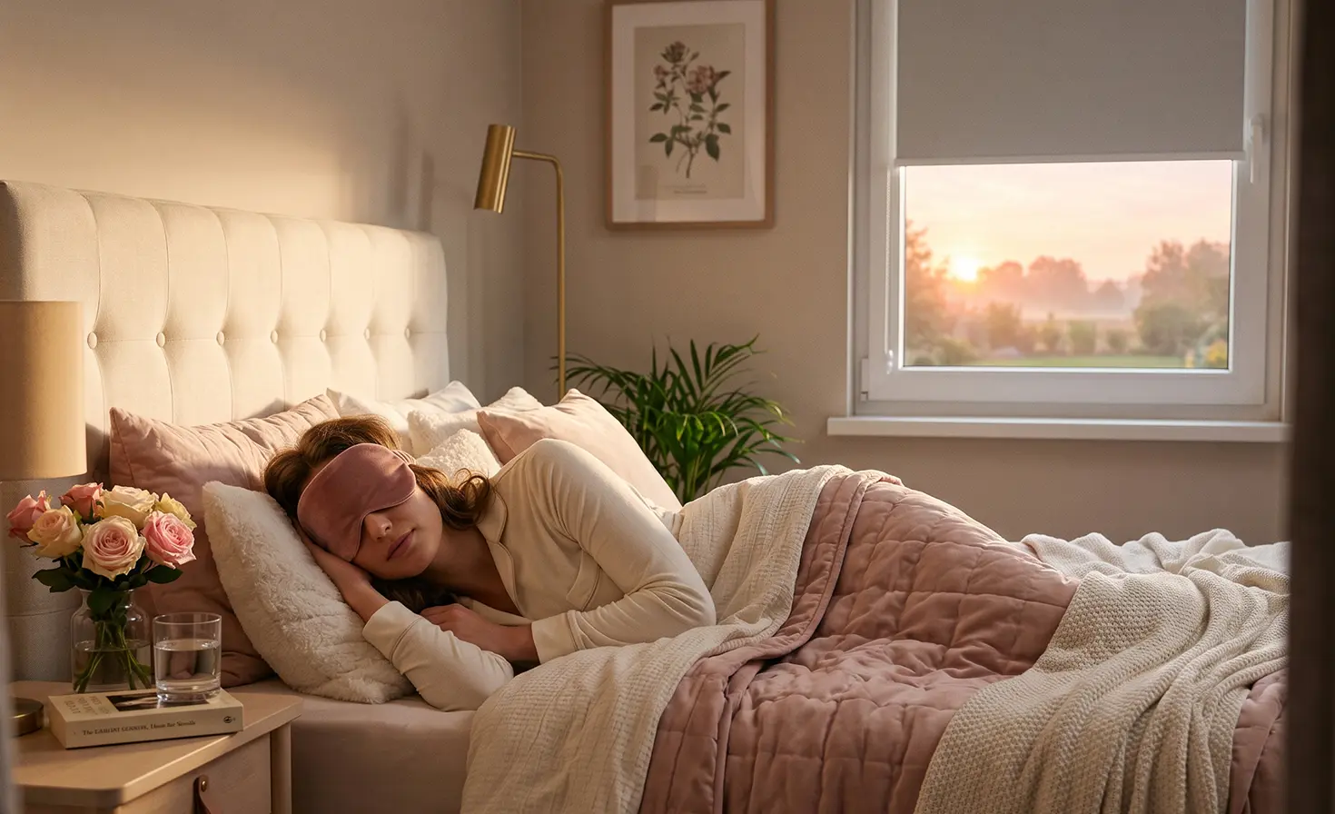 Woman sleeping in bed with an eye mask in a beige bedroom with a grey roller blind on the window
