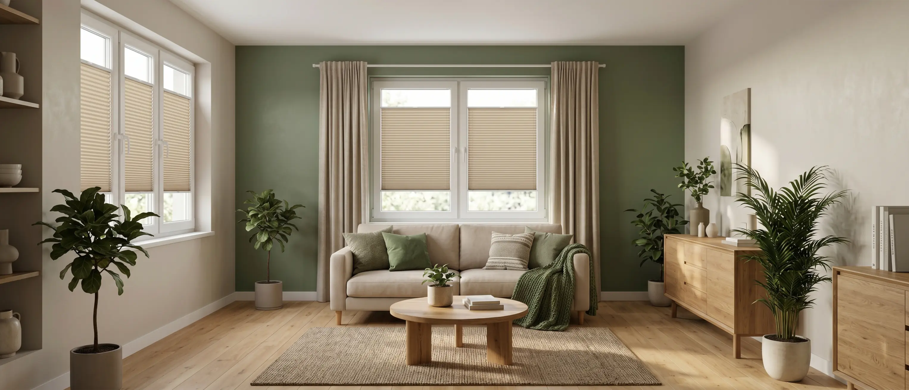 Ein gemütliches, großzügiges Wohnzimmer mit grünen Akzenten, Vorhängen und beigen Plissees am Fenster.