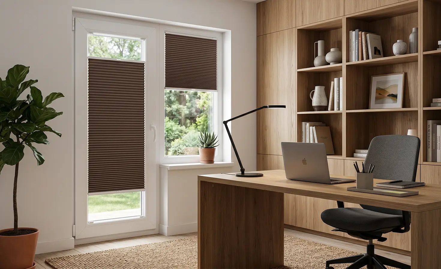 Ein kleines B&uuml;ro im skandinavischen Stil mit braunen Verdunkelungsplissees an den Fenstern.