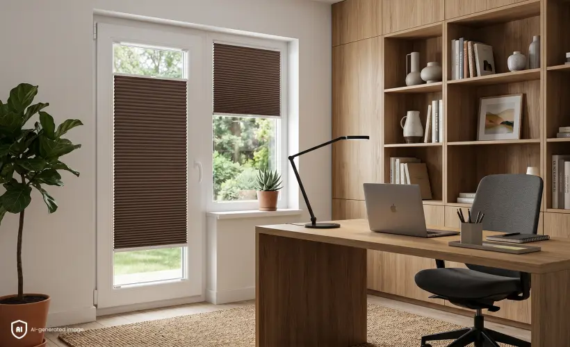 Ein kleines Büro im skandinavischen Stil mit braunen Verdunkelungsplissees an den Fenstern.