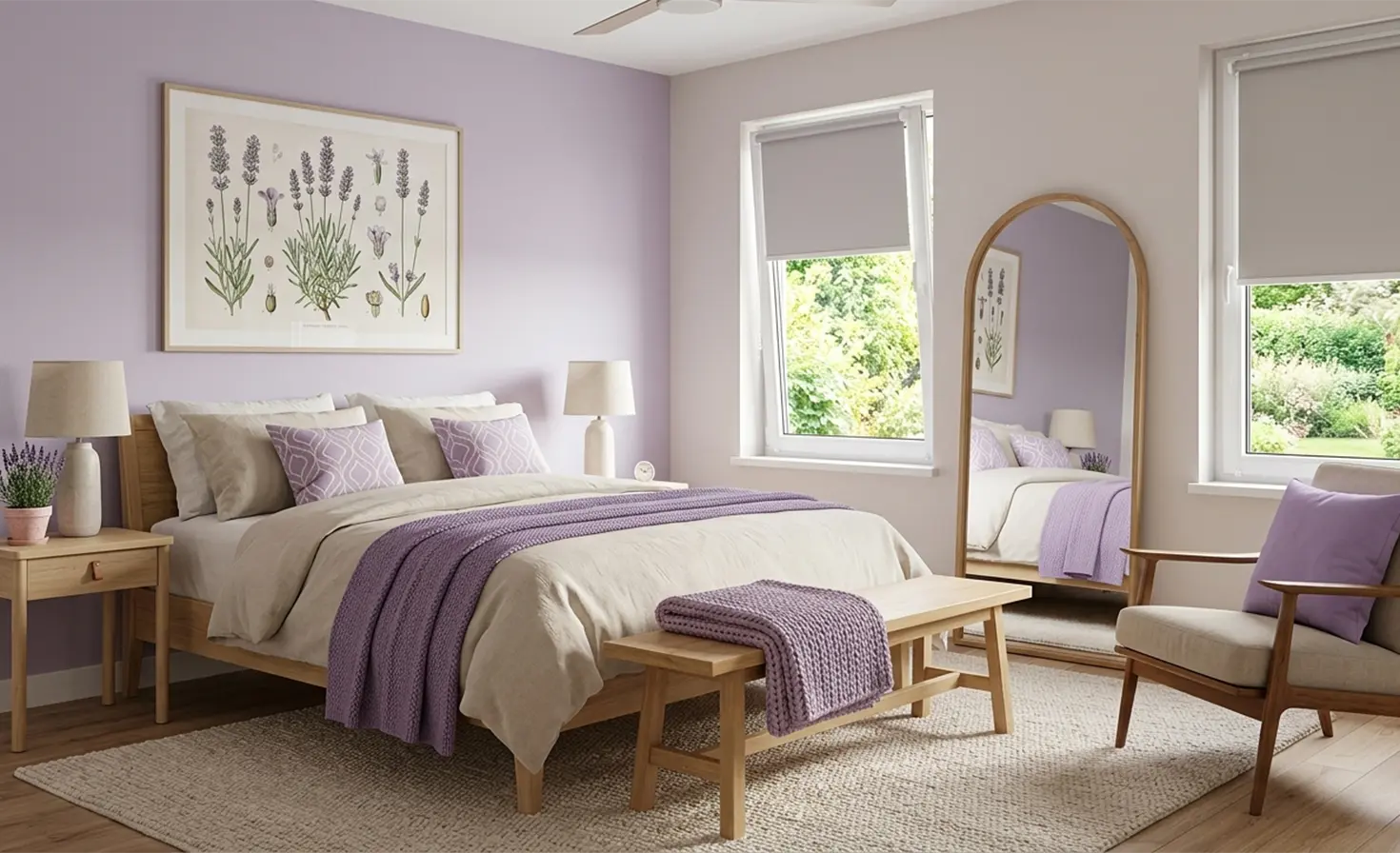 Ein gemütliches, modernes Schlafzimmer mit lavendelfarbener Einrichtung und einem grauen Standardrollo am Fenster.