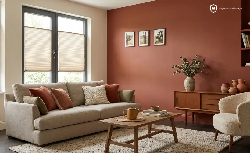 Ein Wohnzimmer in Terrakottatönen mit beigen Elementen und einem beigen Standard-Plissee am Fenster.