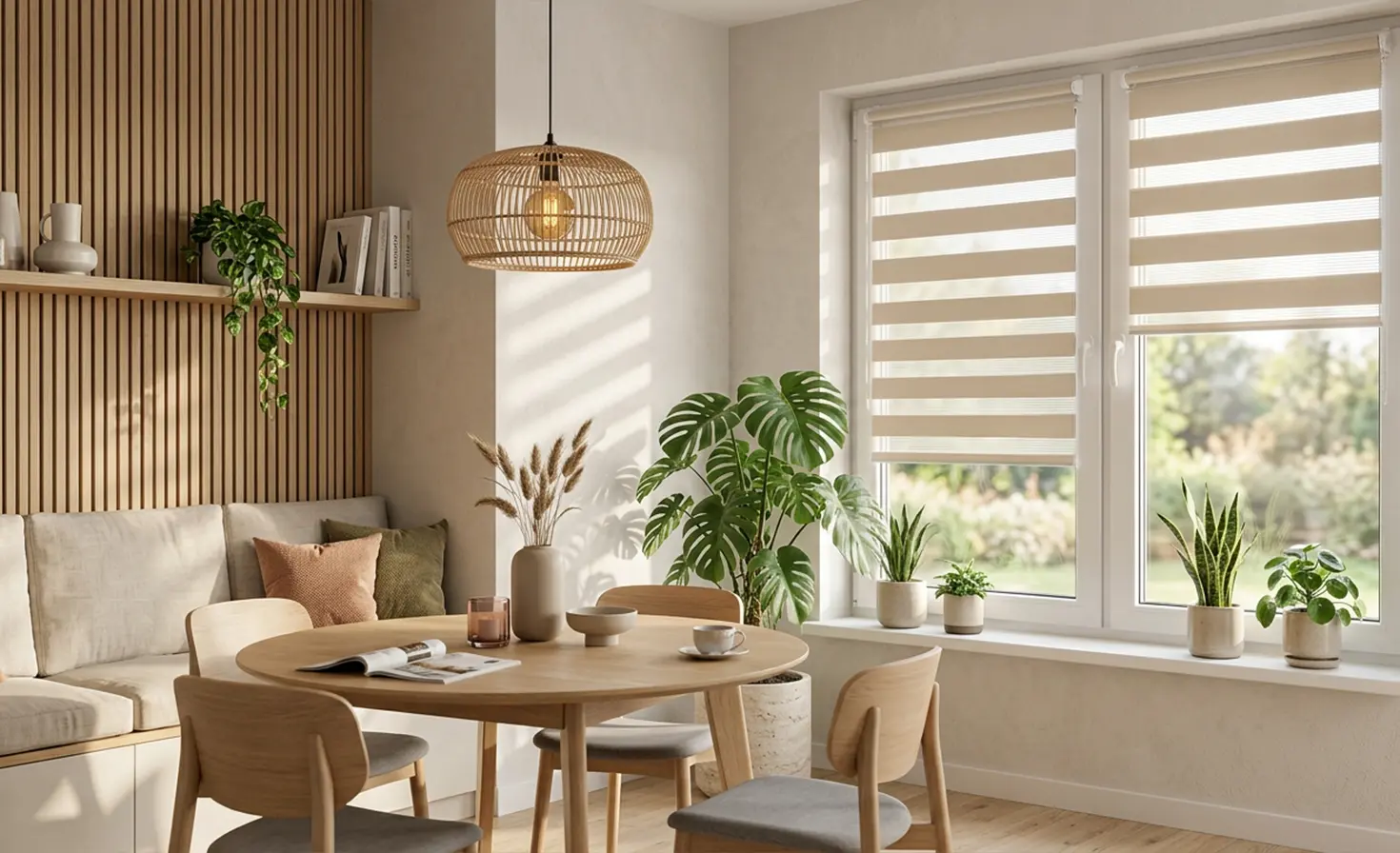 Ein gemütliches, helles Wohnzimmer mit Essbereich und einem beigen Tag-und-Nacht-Rollo am Fenster.