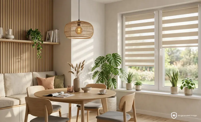 Ein gem&uuml;tliches, helles Wohnzimmer mit Essbereich und einem beigen Tag-und-Nacht-Rollo am Fenster.