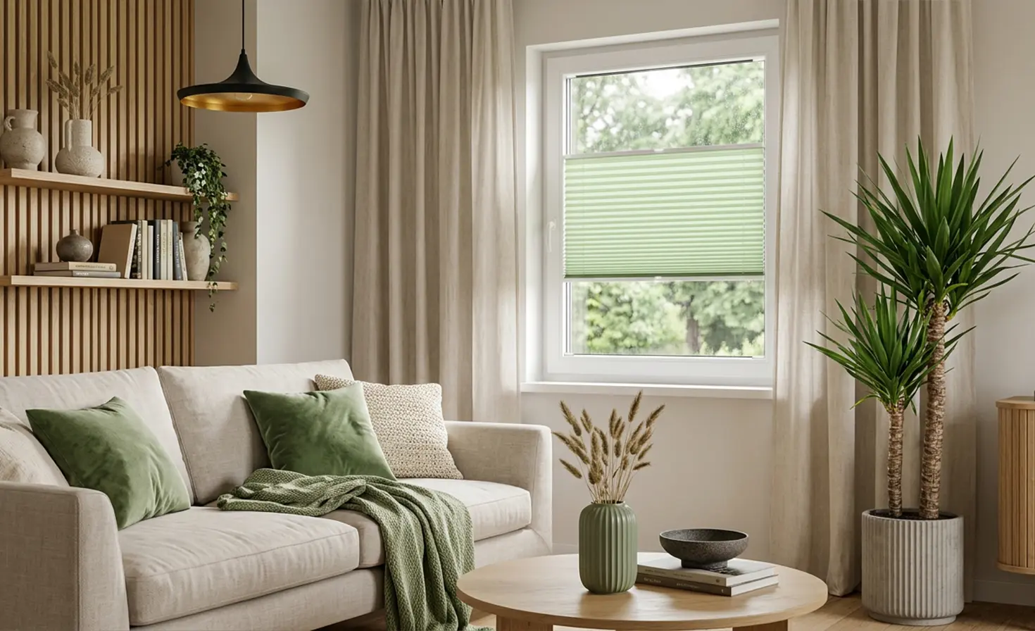 Ein beiges, minimalistisches Wohnzimmer mit grünen Akzenten und einem grünen Standard-Plissee am Fenster.