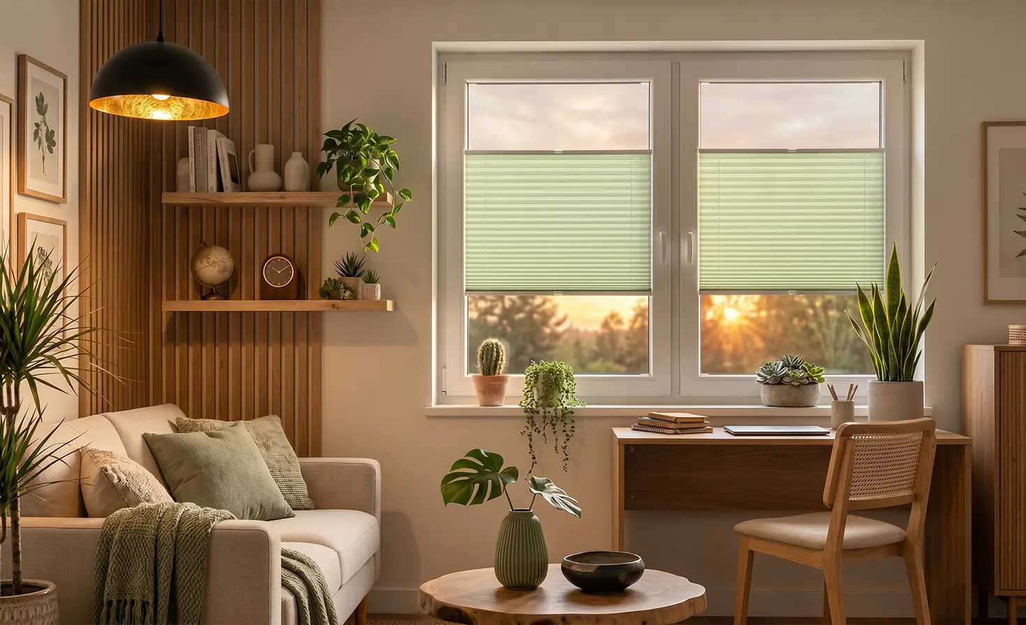 Ein gemütliches Zimmer mit grünen Standard-Plissees am Fenster im Abendlicht.