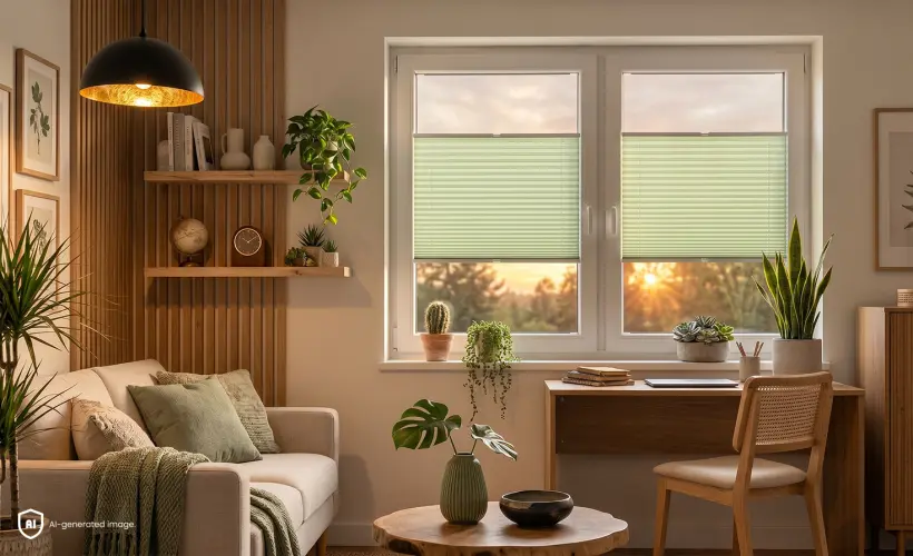 Ein gem&uuml;tliches Zimmer mit gr&uuml;nen Standard-Plissees am Fenster im Abendlicht.