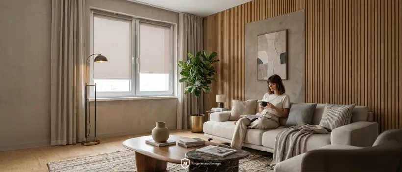 Eine Frau sitzt auf einem Sofa in einem minimalistischen, modernen Wohnzimmer mit Standardrollos in hellem Beige.