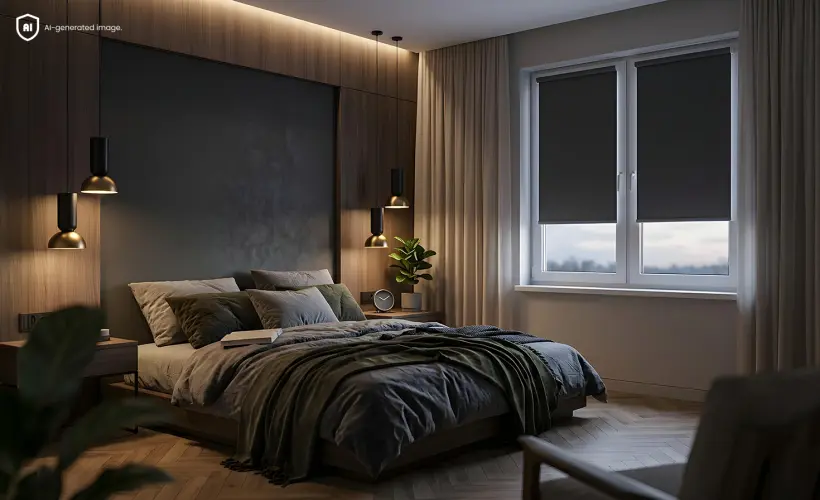 A dark, cosy bedroom with graphite blackout roller blinds on the windows.