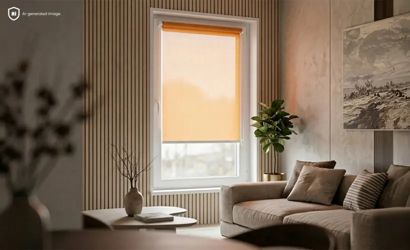 An orange standard roller blind on a window in a modern, cosy living room.