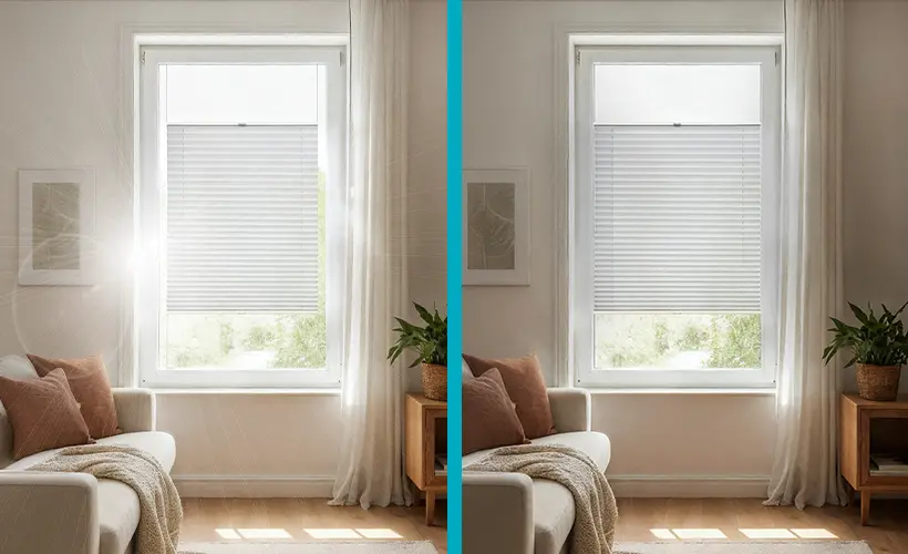 Comparison of sunlight in a living room without a window covering and with a white pleated blind.