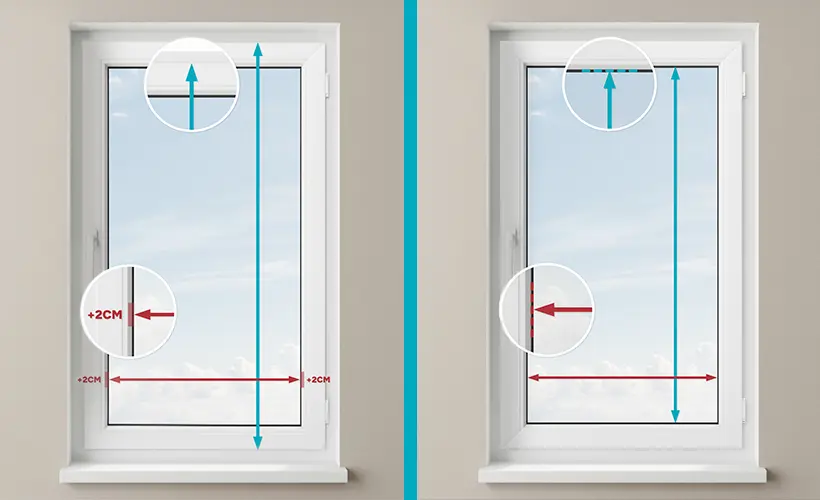 Diagram comparing two methods of measuring the width and height of a window.