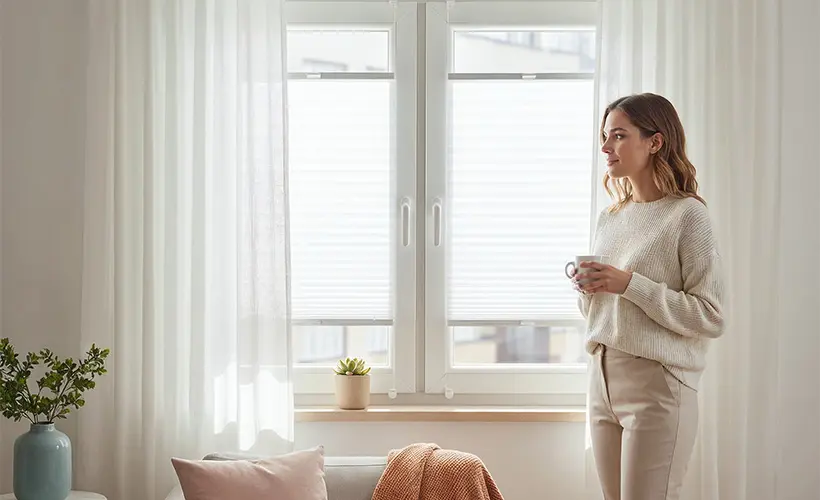 A white pleated blind fitted to a window in a bright living room with curtains.