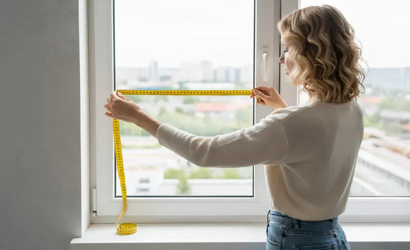 A woman measuring the width of a window pane with a yellow tape measure.