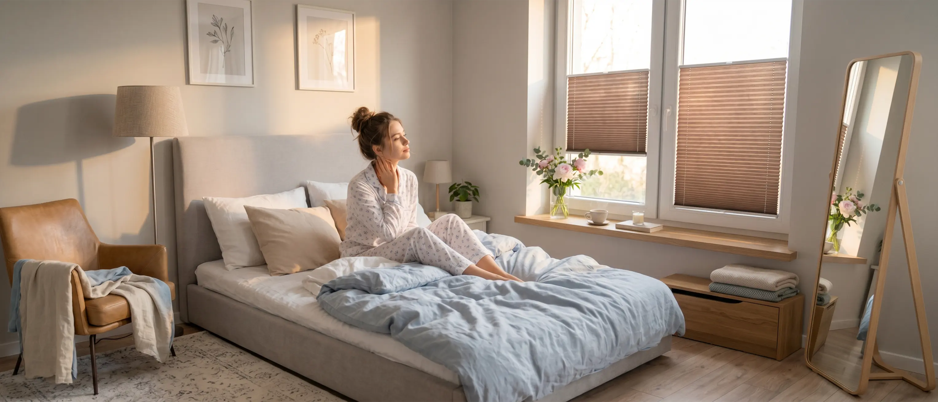 Eine Frau im Pyjama sitzt auf einem großen Bett im Schlafzimmer und blickt auf das Fenster mit einem braunen Standard-Plissee.
