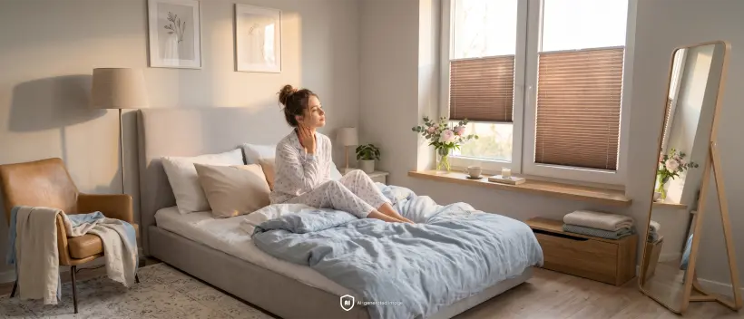 Eine Frau im Pyjama sitzt auf einem gro&szlig;en Bett im Schlafzimmer und blickt auf das Fenster mit einem braunen Standard-Plissee.