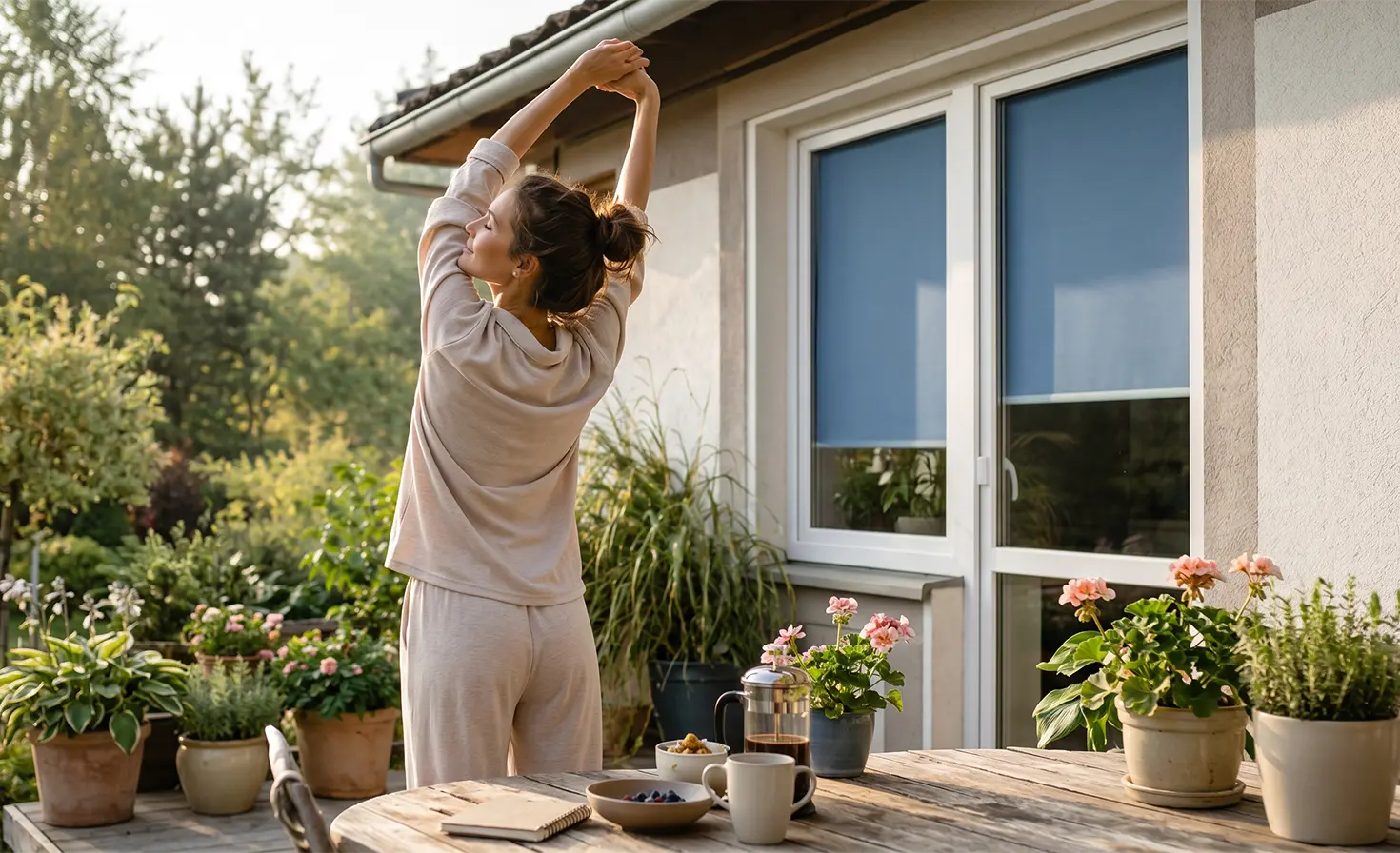 Eine Frau im Pyjama, die sich morgens auf der Terrasse streckt, im Hintergrund ein blaues Rollo am Fenster.