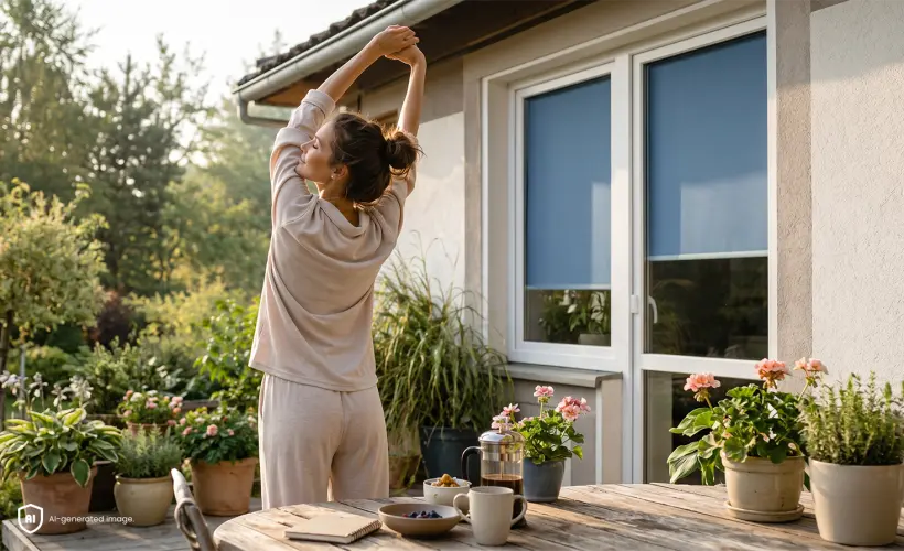 Eine Frau im Pyjama, die sich morgens auf der Terrasse streckt, im Hintergrund ein blaues Rollo am Fenster.