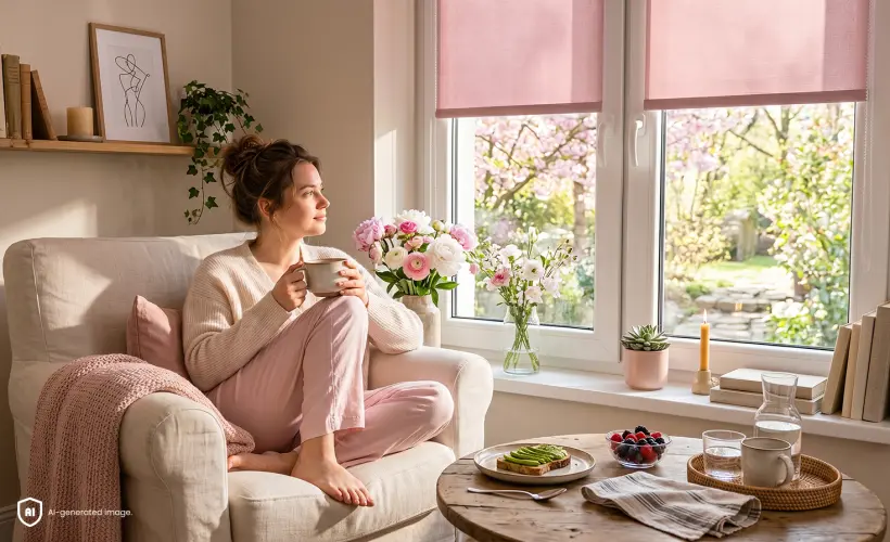 Eine Frau im Pyjama sitzt in einem Sessel, fr&uuml;hst&uuml;ckt und trinkt Kaffee, im Hintergrund befinden sich Rollos in Puderrosa.