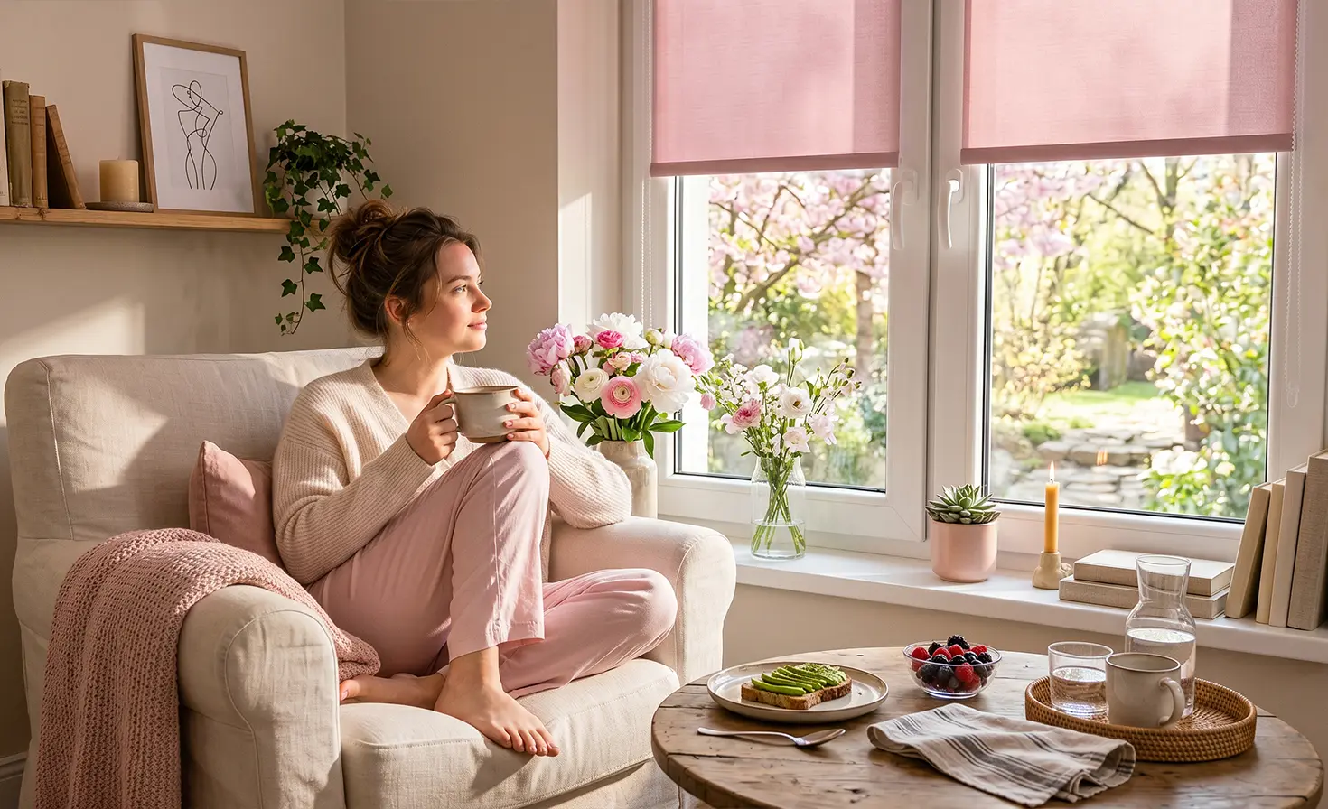 Woman in pyjamas sitting in an armchair, eating breakfast and drinking coffee, with powder pink blinds in the background.