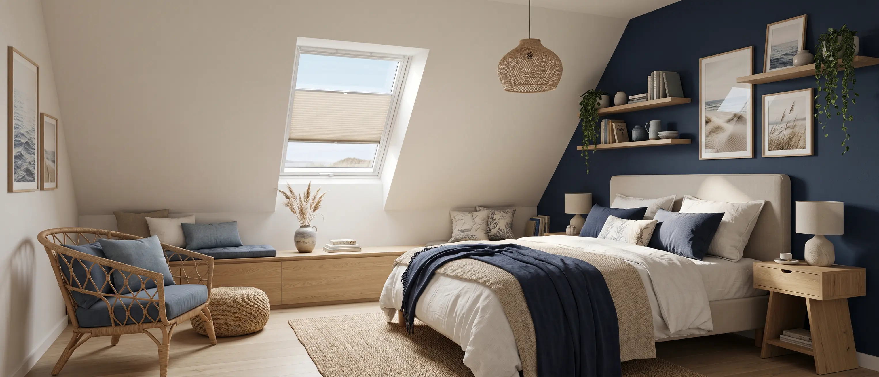Gem&uuml;tliches Schlafzimmer im Dachgeschoss mit dunkelblauer Wand, Holzm&ouml;beln und einem Plissee-Rollo am Dachfenster.