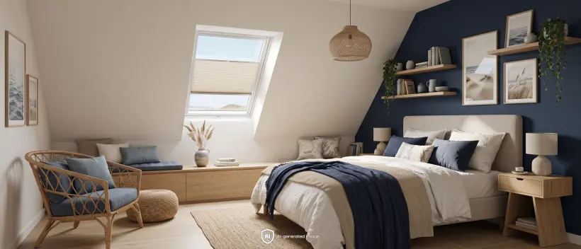 Gem&uuml;tliches Schlafzimmer im Dachgeschoss mit dunkelblauer Wand, Holzm&ouml;beln und einem Plissee-Rollo am Dachfenster.