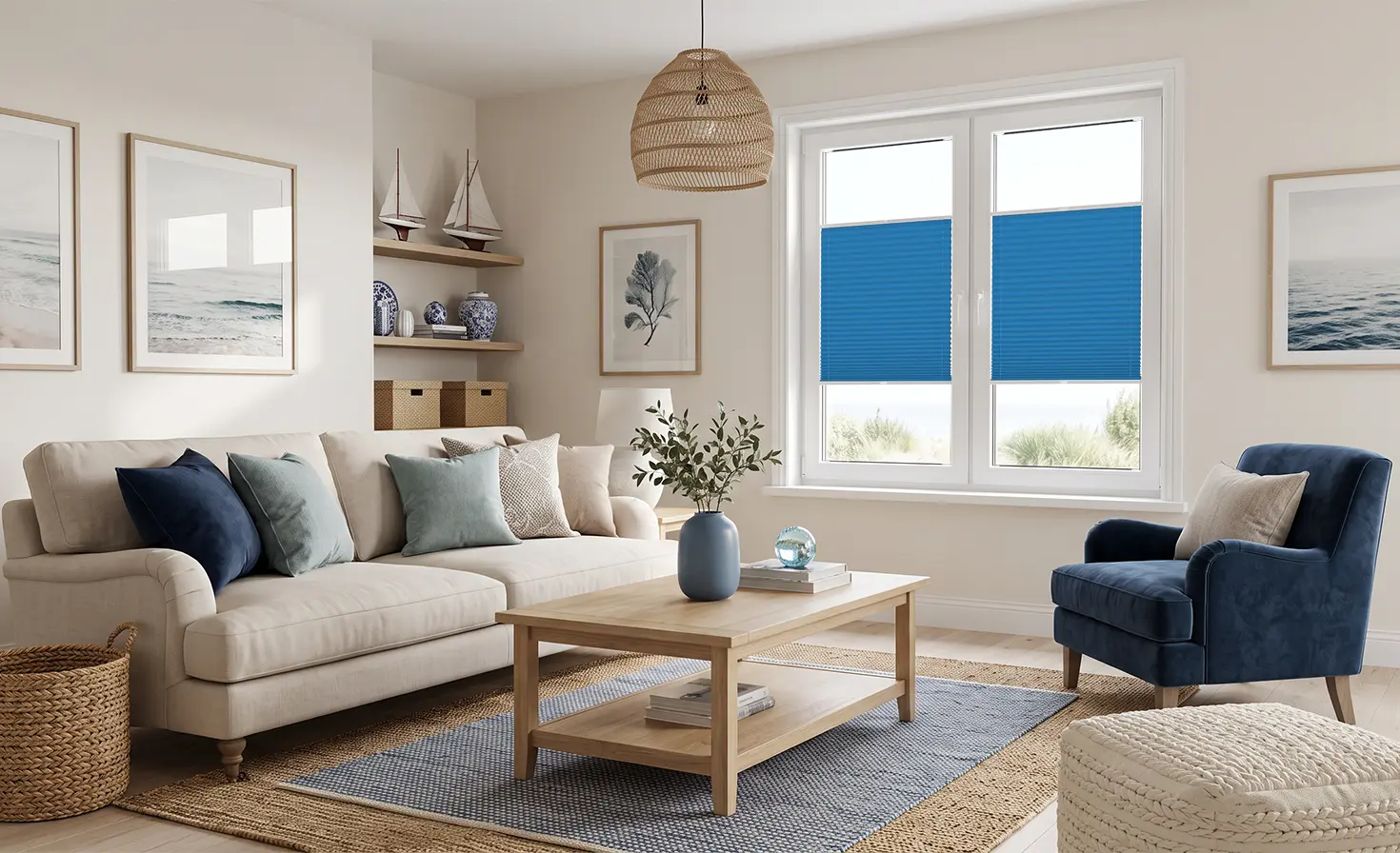 Wohnzimmer im maritimen Stil mit blauen Plissee-Rollos, die den mittleren Teil der Fensterscheiben abdecken.