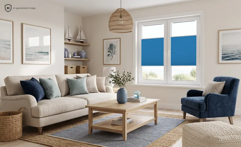Wohnzimmer im maritimen Stil mit blauen Plissee-Rollos, die den mittleren Teil der Fensterscheiben abdecken.