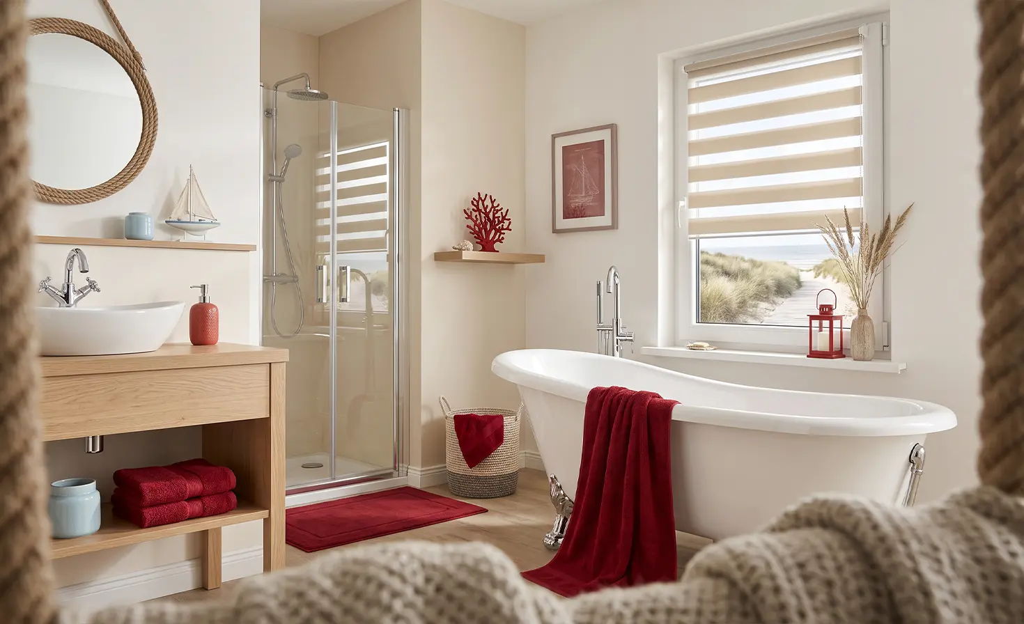 A bright bathroom with a freestanding bathtub, red accents and a day and night blind on the window.
