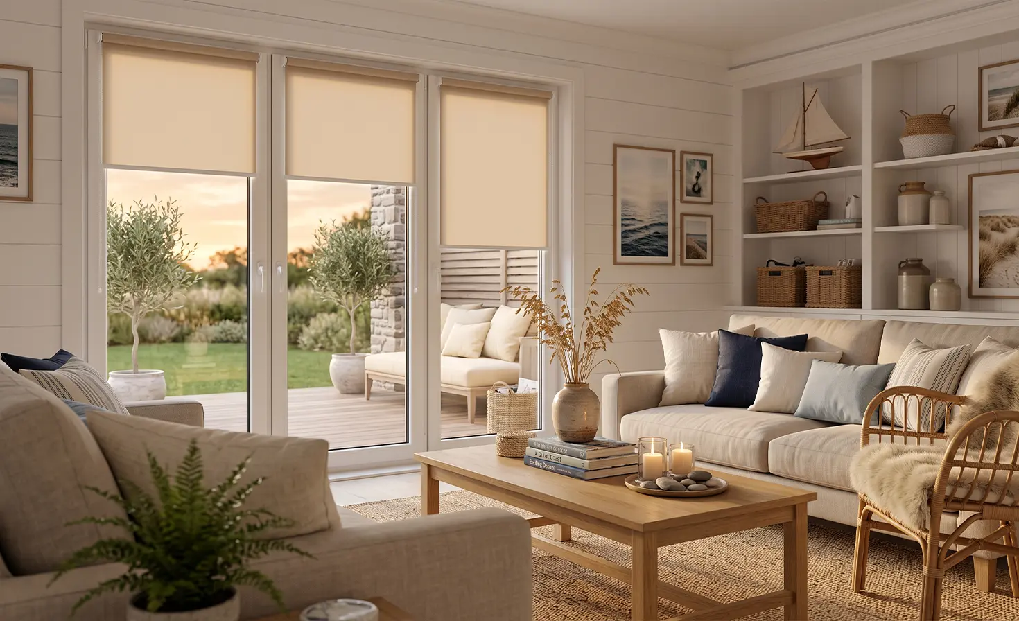 A nautical-style living room with beige fabric roller blinds and access to the terrace.