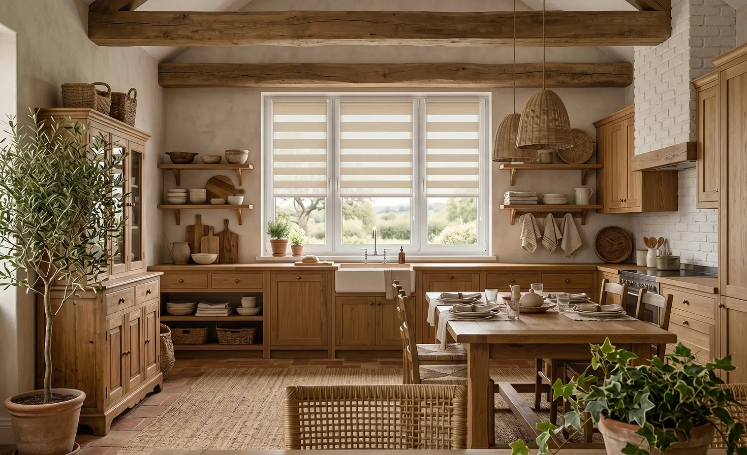 Helle, beige Küche im rustikalen Stil. Am Fenster ist ein Tag-und-Nacht-Rollo in Beige zu sehen.