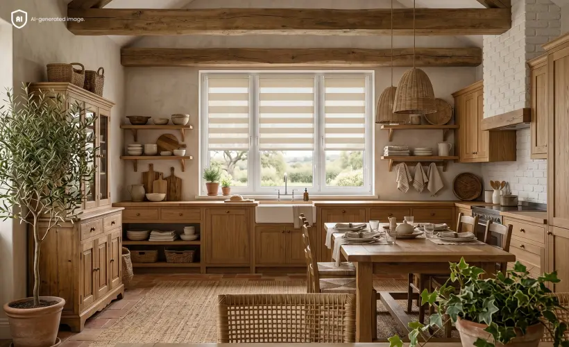 Helle, beige Küche im rustikalen Stil. Am Fenster ist ein beigefarbenes Doppelrollo zu sehen.