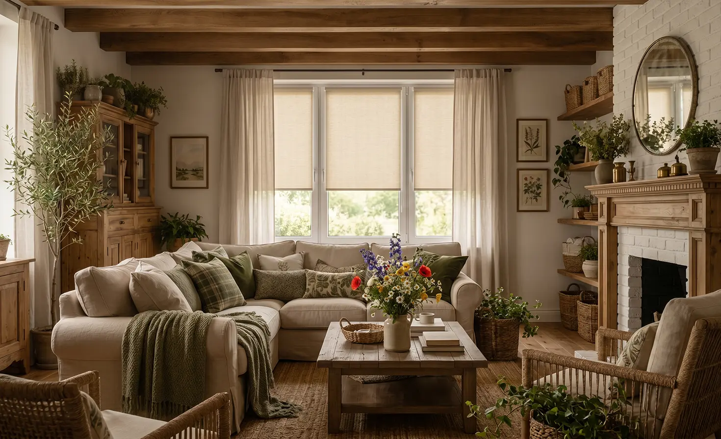 Gro&szlig;es, warmes Wohnzimmer im rustikalen Stil mit Kamin. Im Hintergrund sind Rollos aus der Standard-Kollektion zu sehen.
