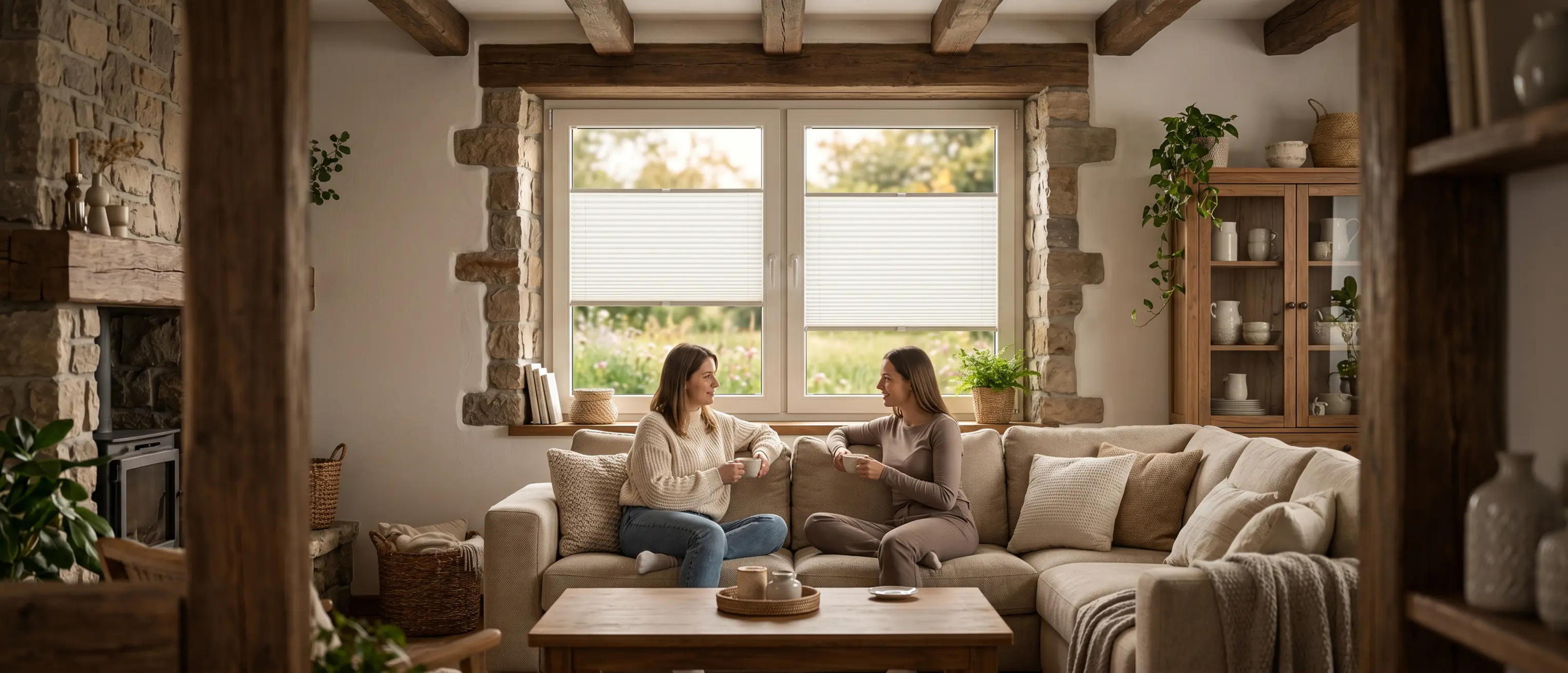 Frauen, die Kaffee in einem großen Wohnzimmer im rustikalen Stil trinken. Im Hintergrund sind am Fenster Plissees in einer hellen Farbe zu sehen.