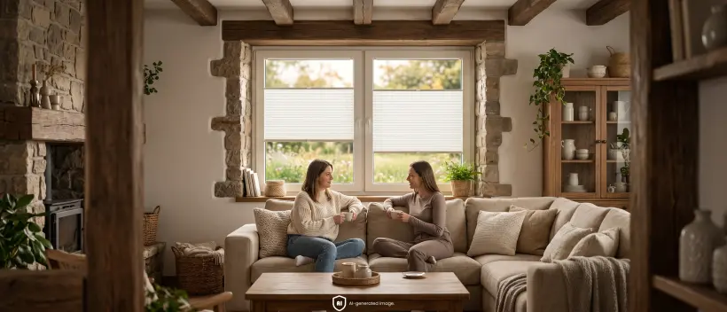 Frauen trinken Kaffee in einem gro&szlig;en Wohnzimmer im rustikalen Stil. Im Hintergrund sind helle Plissees am Fenster zu sehen.