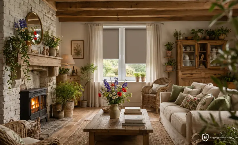 Großes, warmes Wohnzimmer im rustikalen Stil mit Kamin. Im Hintergrund sind Rollos aus der Standard-Kollektion zu sehen.