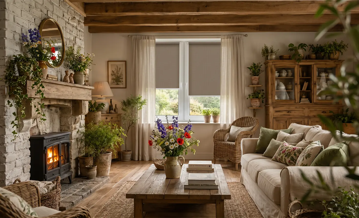 A rustic-style room with plenty of plants and wildflowers in a vase. Walnut-coloured roller blinds are fitted on the windows.