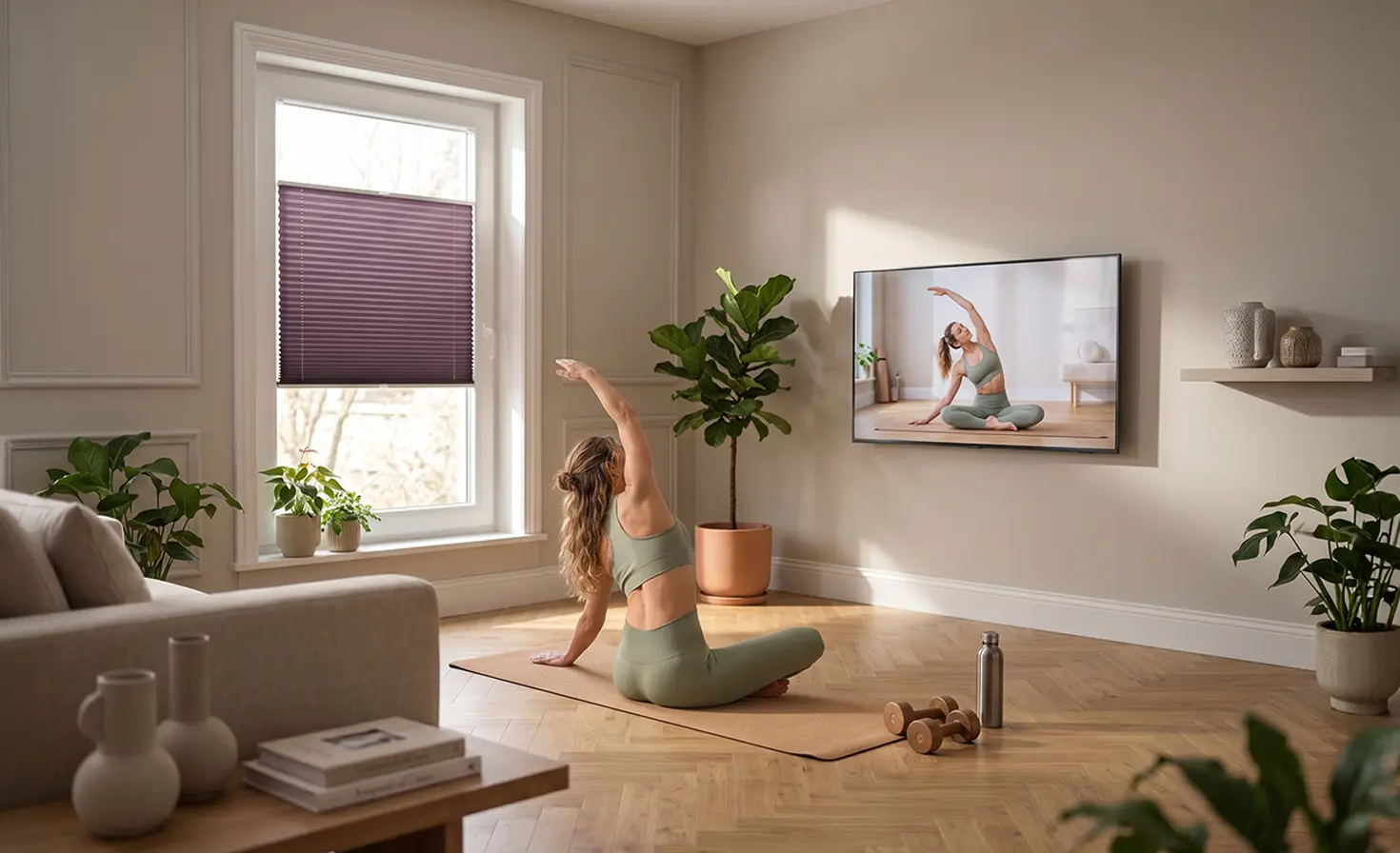 Eine Frau macht Yoga auf einer Matte in einem Wohnzimmer im skandinavischen Stil. Am Fenster befindet sich ein Standard-Plissee in Pflaumenfarbe.