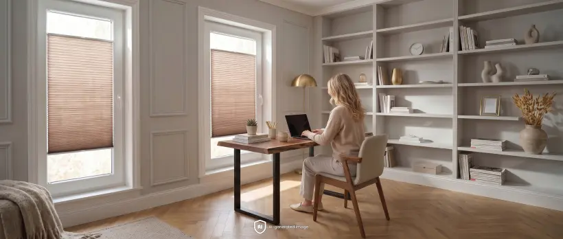 Eine Frau arbeitet an einem Laptop an einem Schreibtisch in einem hellen Büro mit braunen Standard-Plissees an den Fenstern.