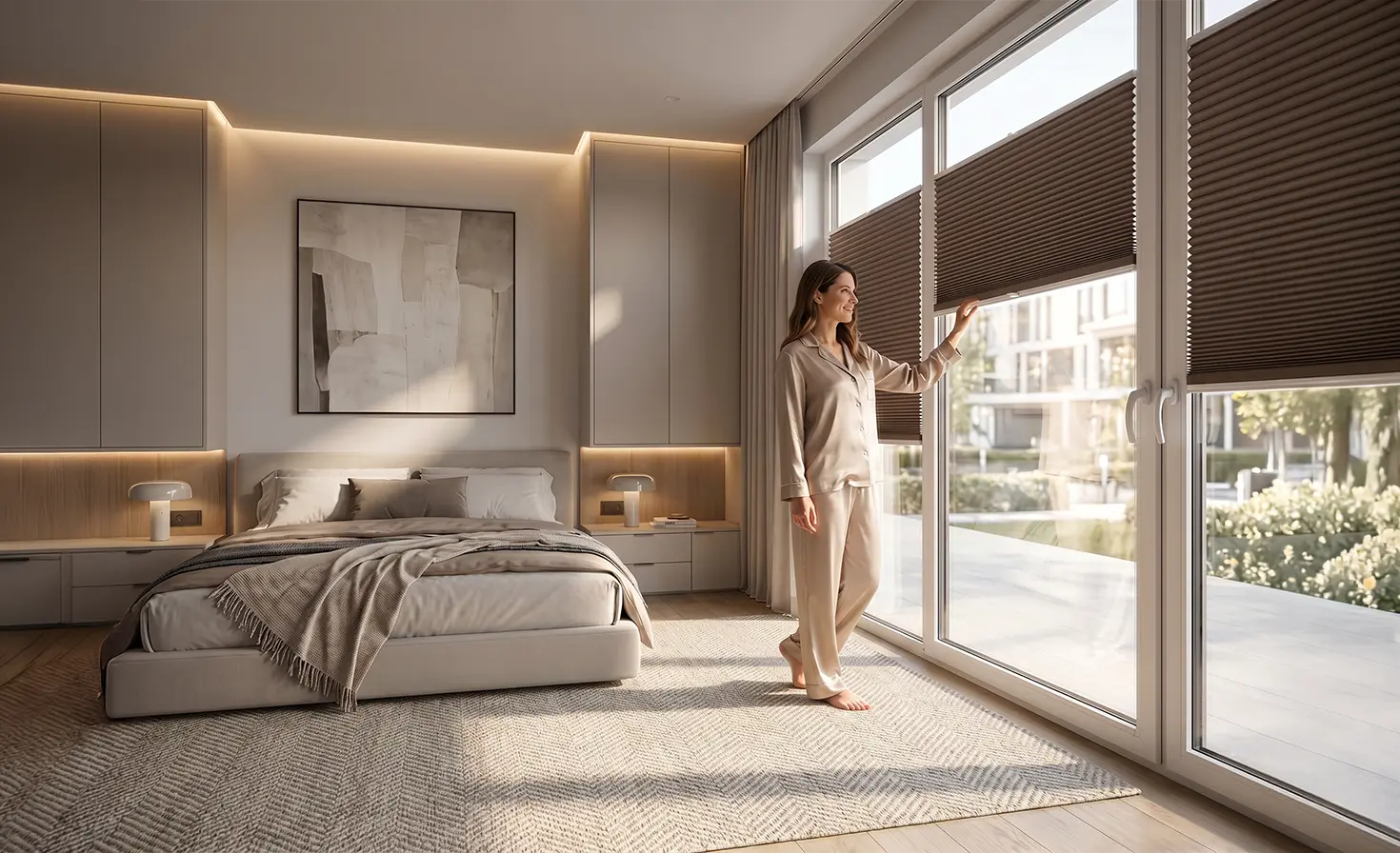 Eine Frau im Pyjama im Schlafzimmer, die das Fenster mit einem braunen Verdunkelungsplissee schließt.