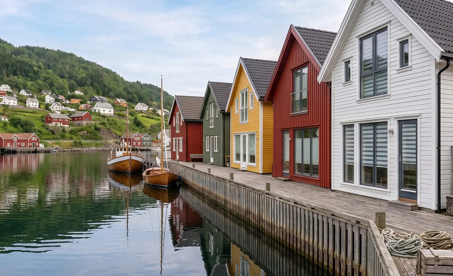 Ein skandinavisches Fischerdorf in Norwegen mit bunten H&auml;usern und Tag-und-Nacht-Rollos an den Fenstern.