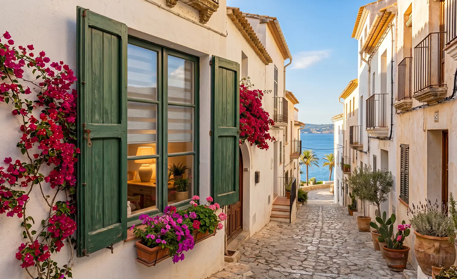 Eine charmante italienische Gasse mit Fensterläden und grauen Tag-und-Nacht-Rollos an den Fenstern.