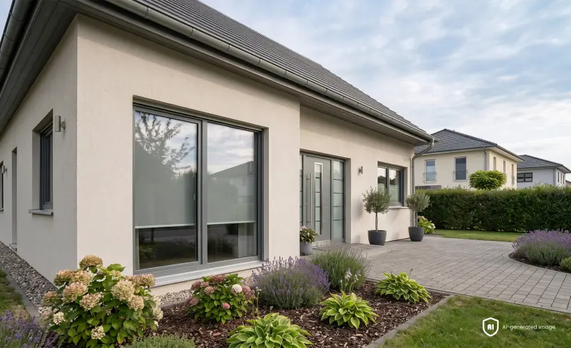 Ein modernes, graues Haus in einer Wohnsiedlung mit einem grauen Standardrollo am Fenster.