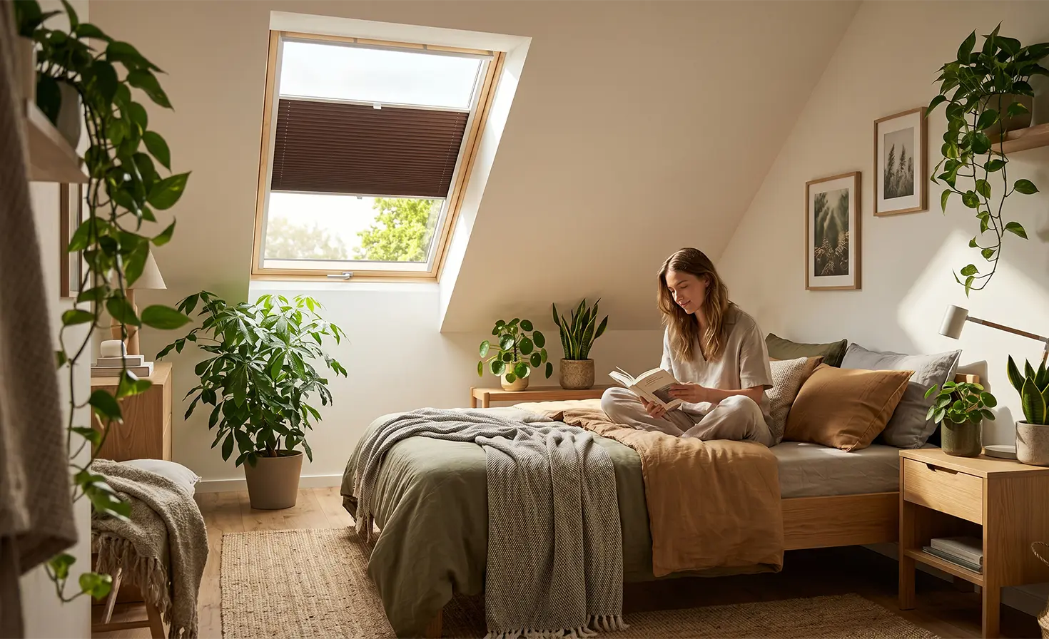 Schlafzimmer im Boho-Stil im Dachgeschoss mit braunem Dachfenster-Plissee am Fenster