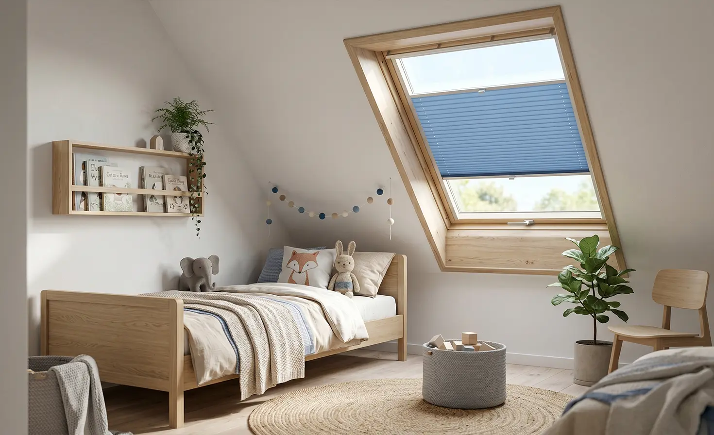 Helles Kinderzimmer im Dachgeschoss mit blauem Dachfenster-Plissee am Fenster