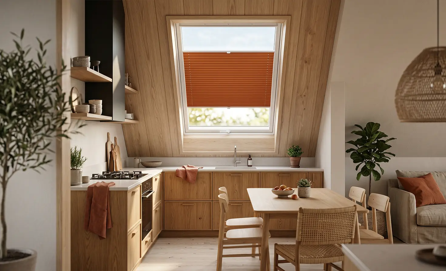 Kleine Küche im Dachgeschoss mit orangefarbenem Dachfenster-Plissee am Fenster