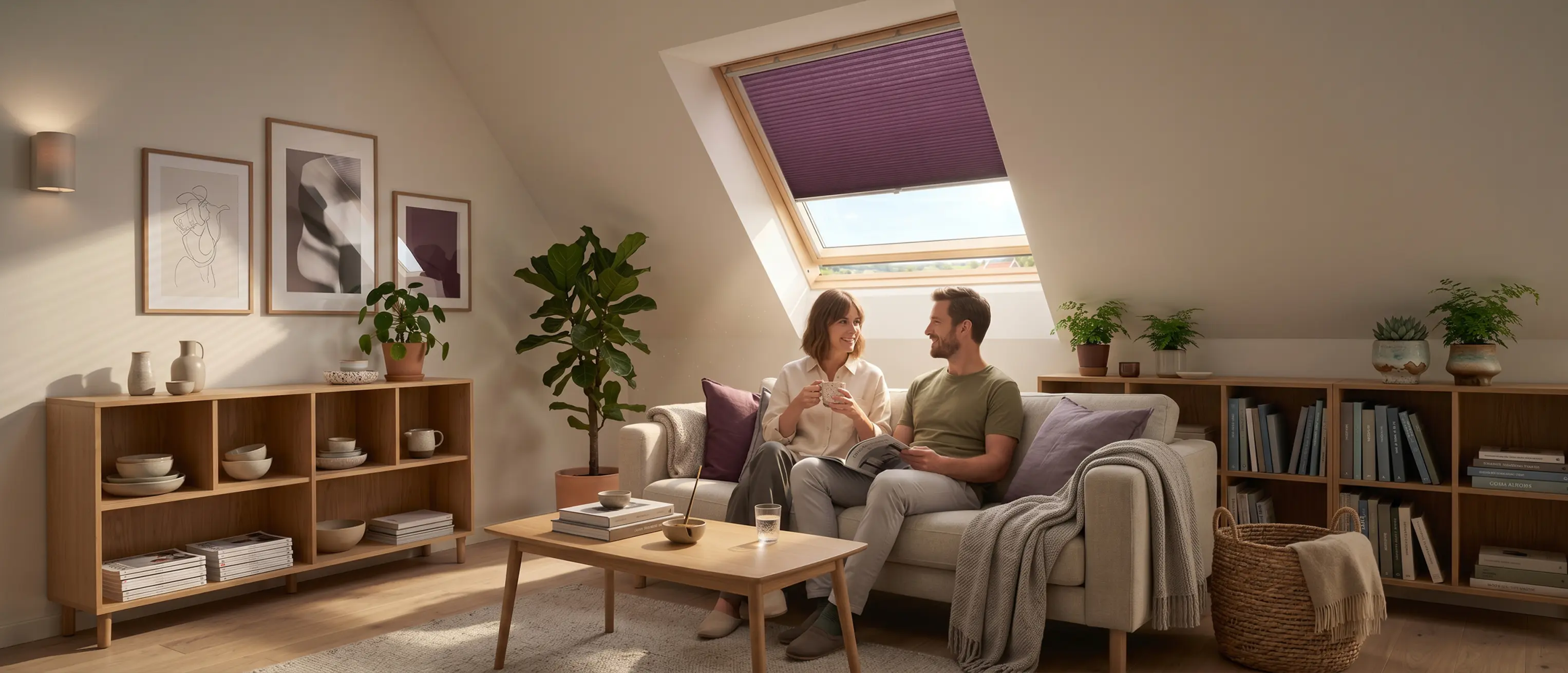 Paar sitzt auf dem Sofa im Dachgeschoss, im Hintergrund ein Dachfenster-Plissee in Pflaume